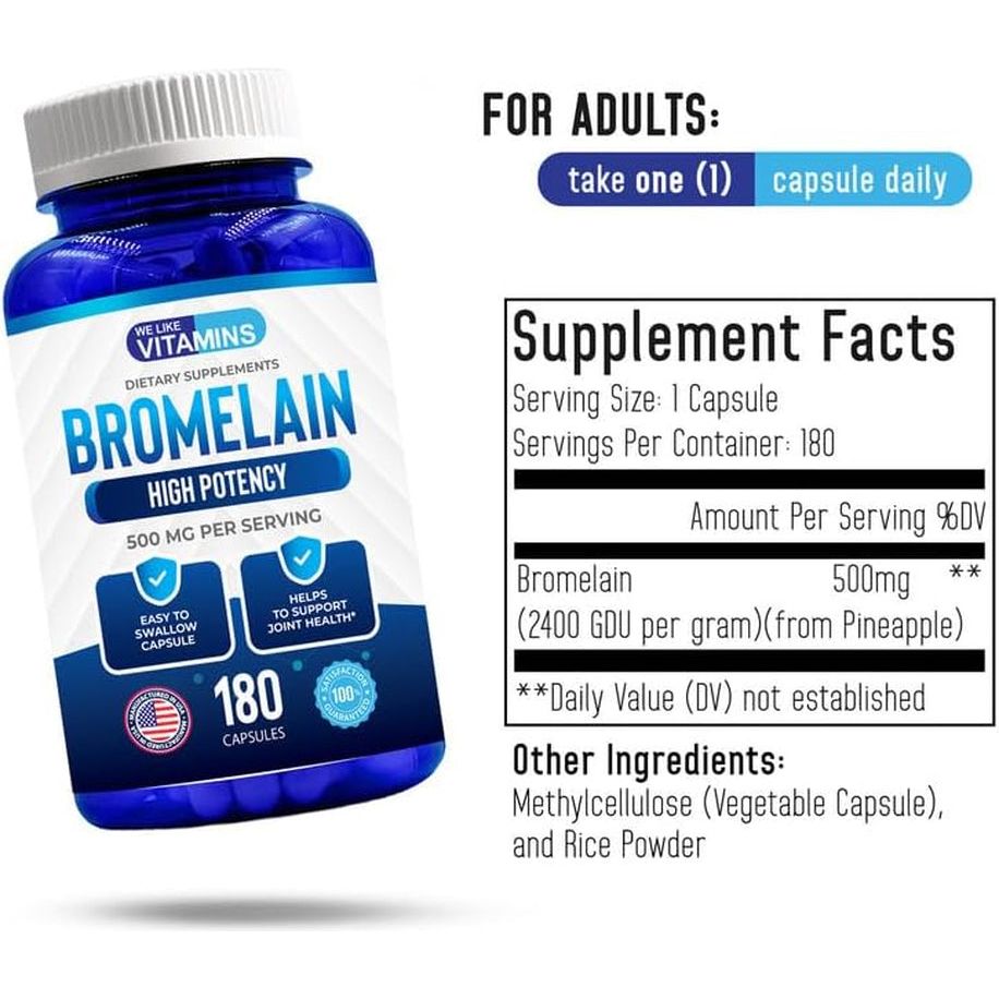 We like Vitamins Bromelain 500Mg Capsules - 2400Gdu/G - Proteolytic Enzymes for Digestion, Absorption, Joint Pain, Muscle Soreness - 180 Capsules
