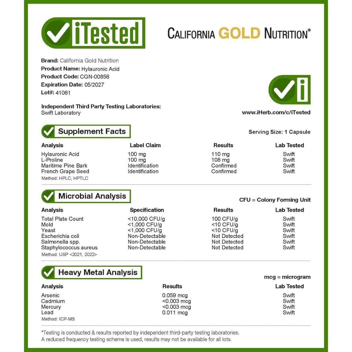 California Gold Nutrition Hyaluronic Acid Complex, 60 Veggie Capsules - Suppviv