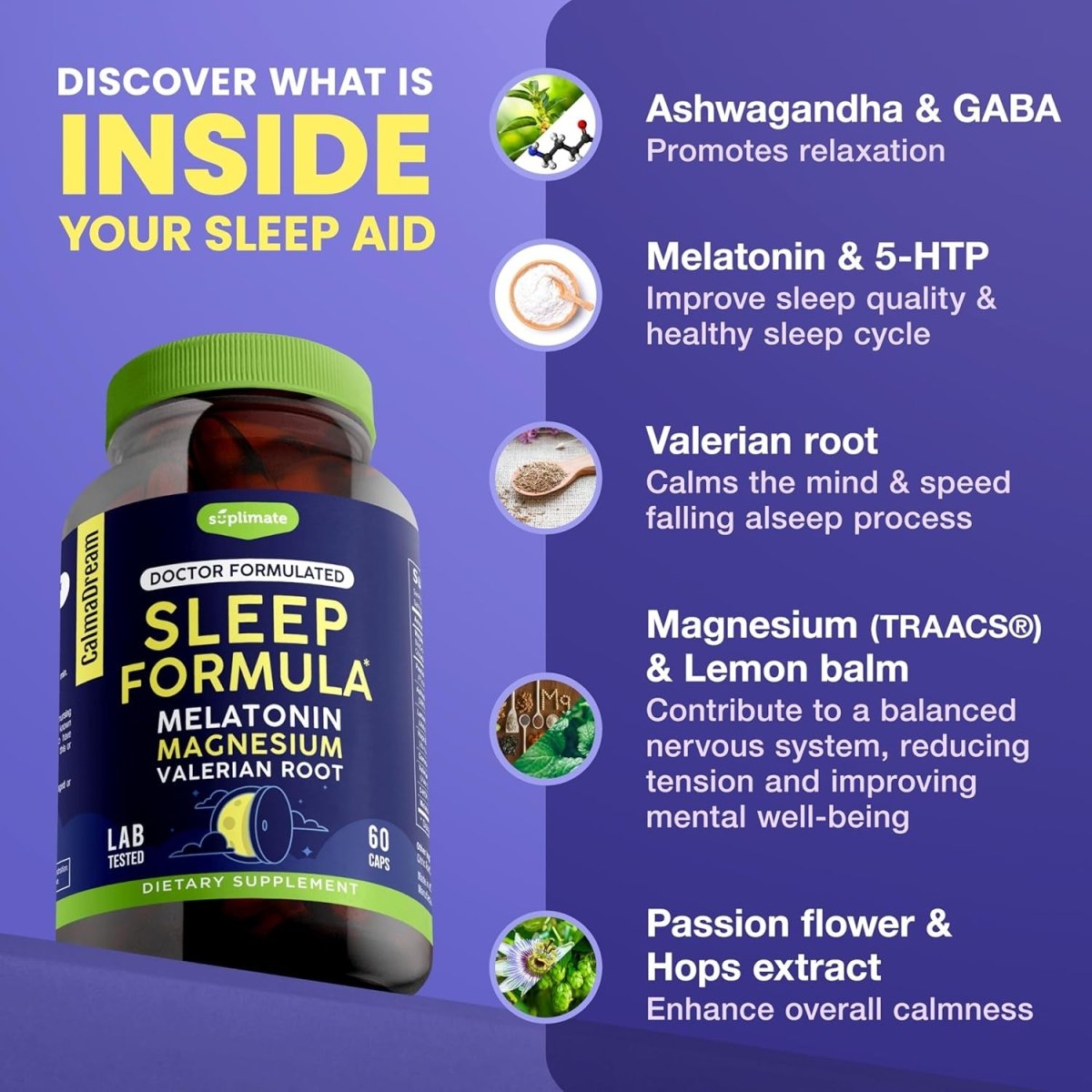 Calmadream Natural Sleep Aid With Melatonin & Magnesium, Ashwagandha 60 Capsules - Suppviv