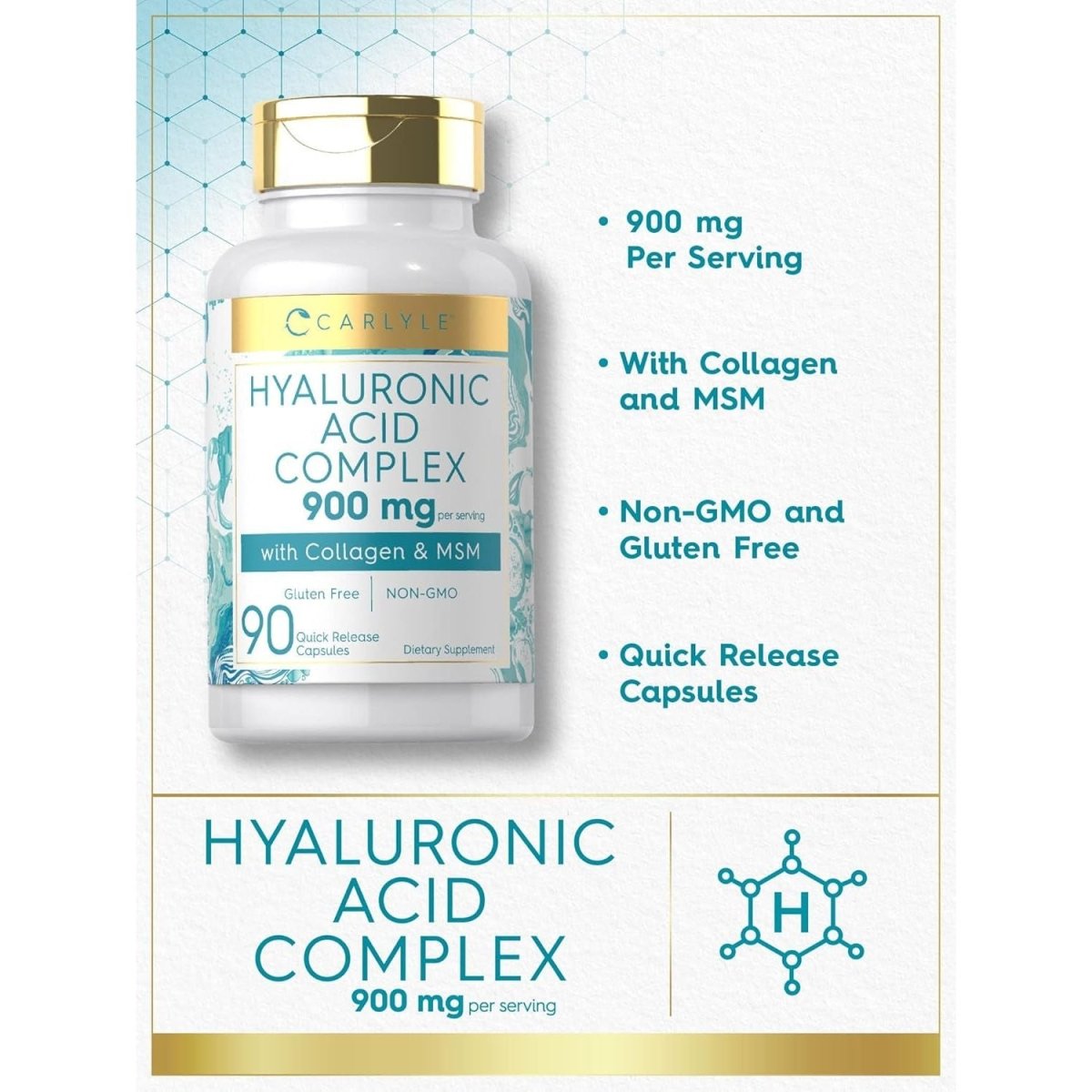 Carlyle Hyaluronic Acid Complex 900 Mg | with Collagen and MSM | 90 Capsules - Suppviv