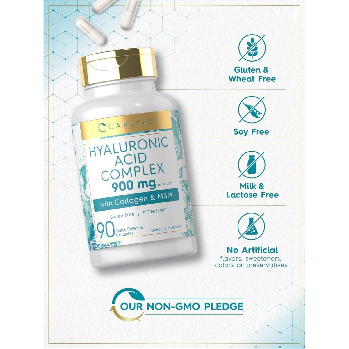 Carlyle Hyaluronic Acid Complex 900 Mg | with Collagen and MSM | 90 Capsules - Suppviv