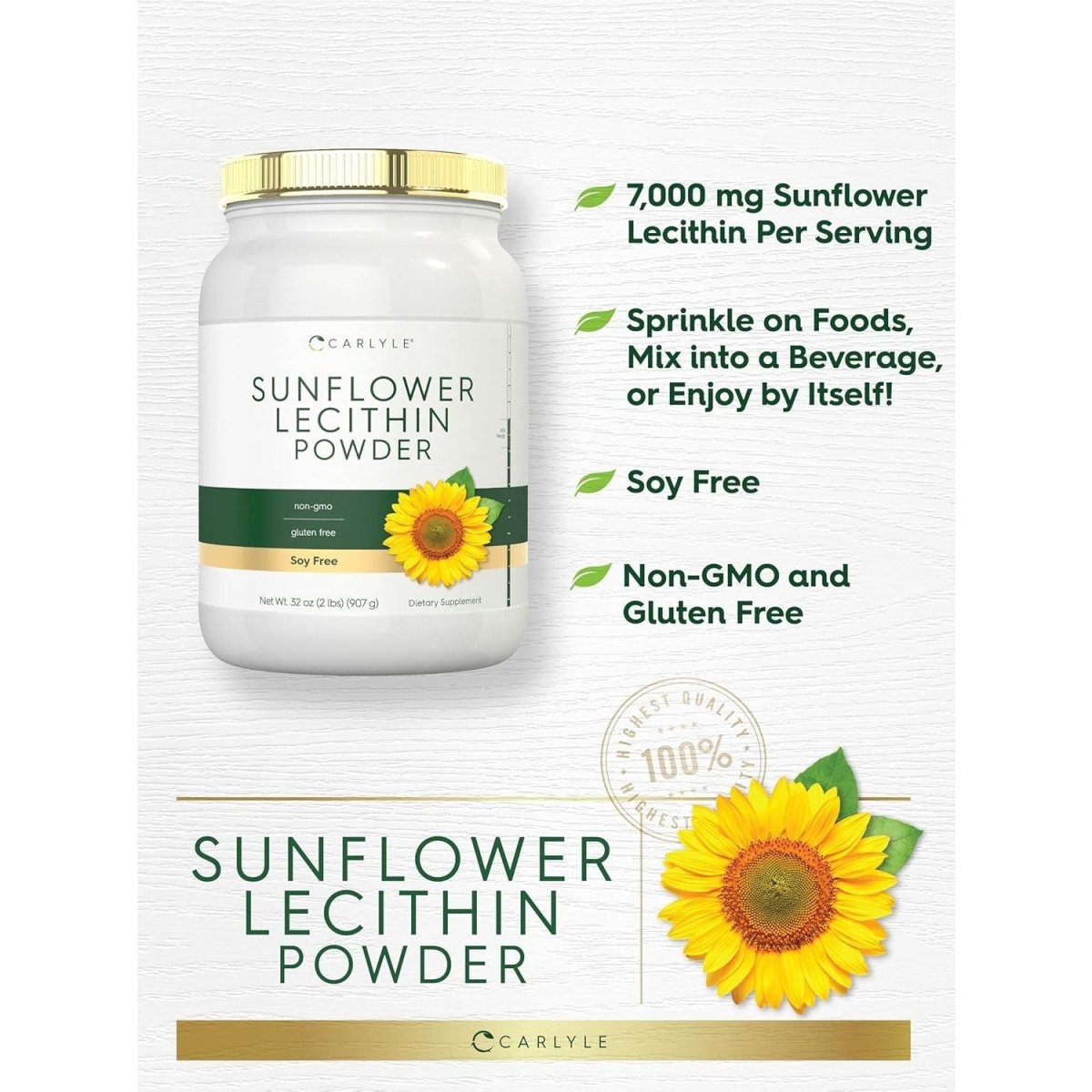 Carlyle Sunflower Lecithin Powder | 2 Pounds | Unflavored | Naturally Occurring Phosphatidylcholine - Suppviv