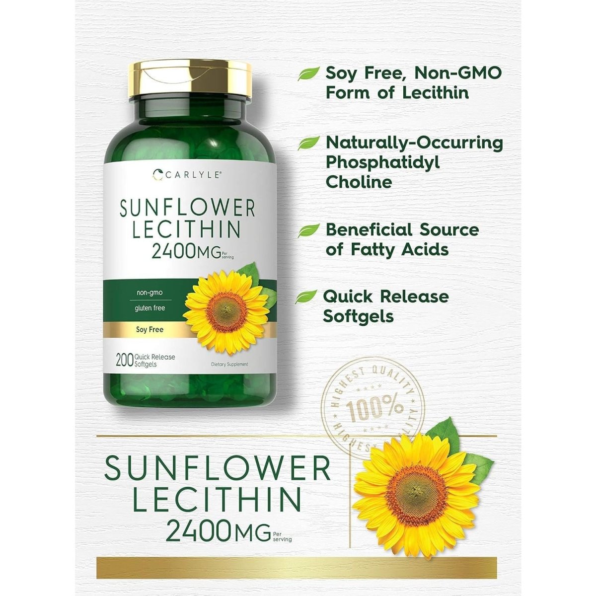 Carlyle Sunflower Lecithin Softgel Capsules | 2400Mg | 200 Count | Rich in Phosphatidyl Choline - Suppviv