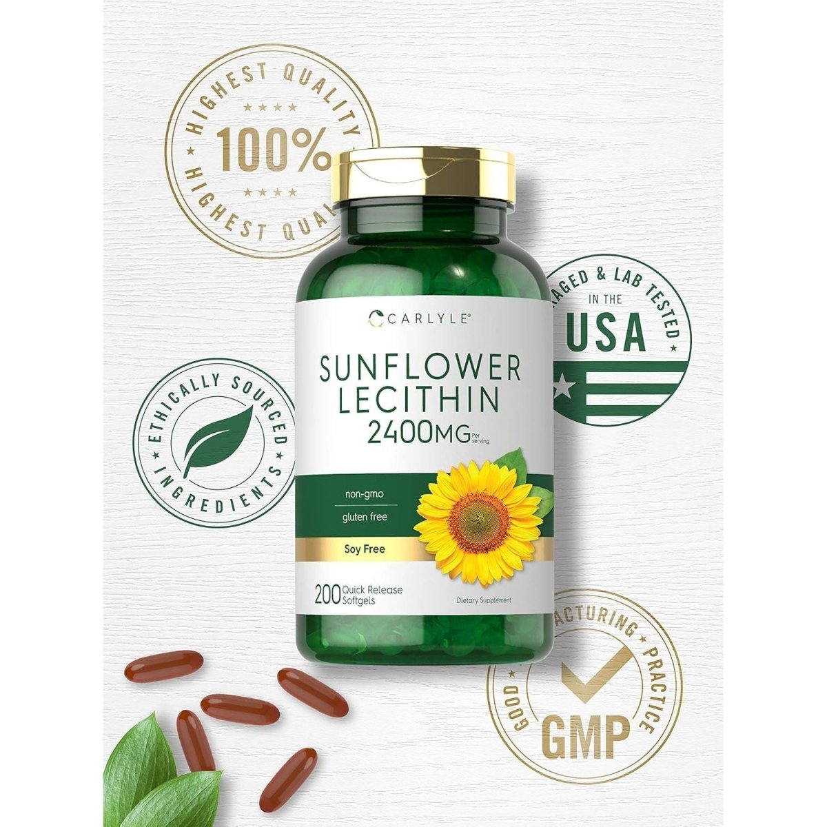Carlyle Sunflower Lecithin Softgel Capsules | 2400Mg | 200 Count | Rich in Phosphatidyl Choline - Suppviv
