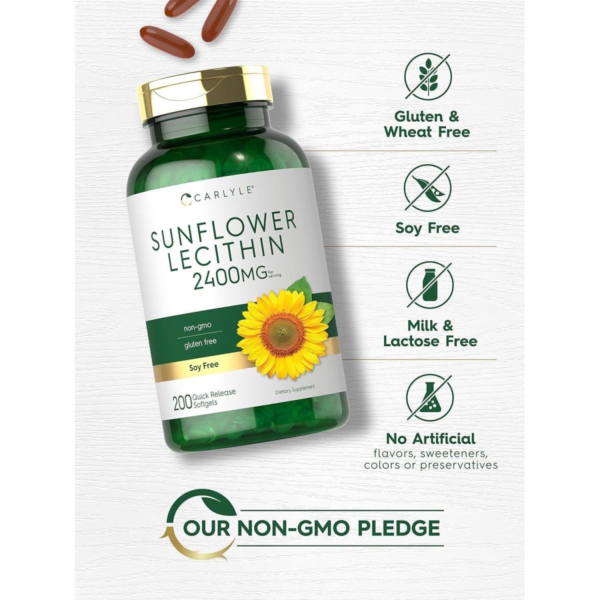 Carlyle Sunflower Lecithin Softgel Capsules | 2400Mg | 200 Count | Rich in Phosphatidyl Choline - Suppviv
