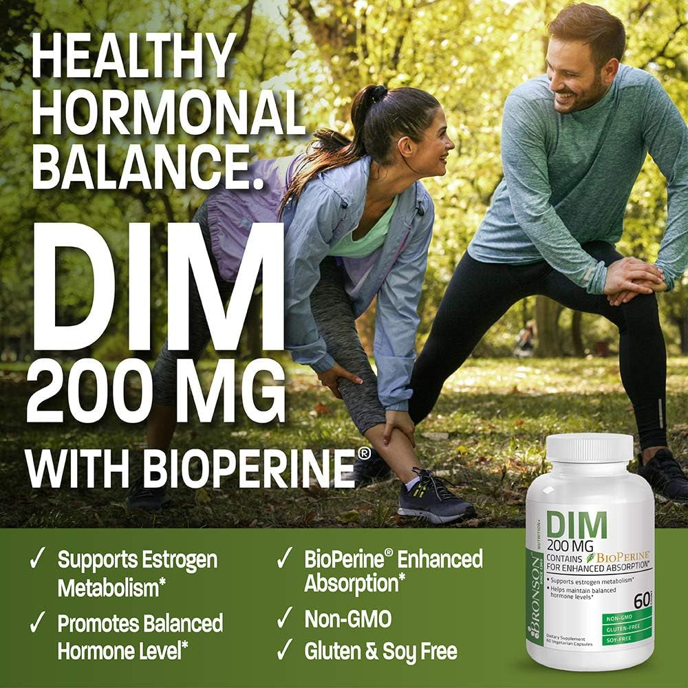 Bronson DIM 200 MG Supplement with Bioperine for Enhanced Absorption, Estrogen Metabolism & Maintains Balanced Hormone Levels, 60 Capsules