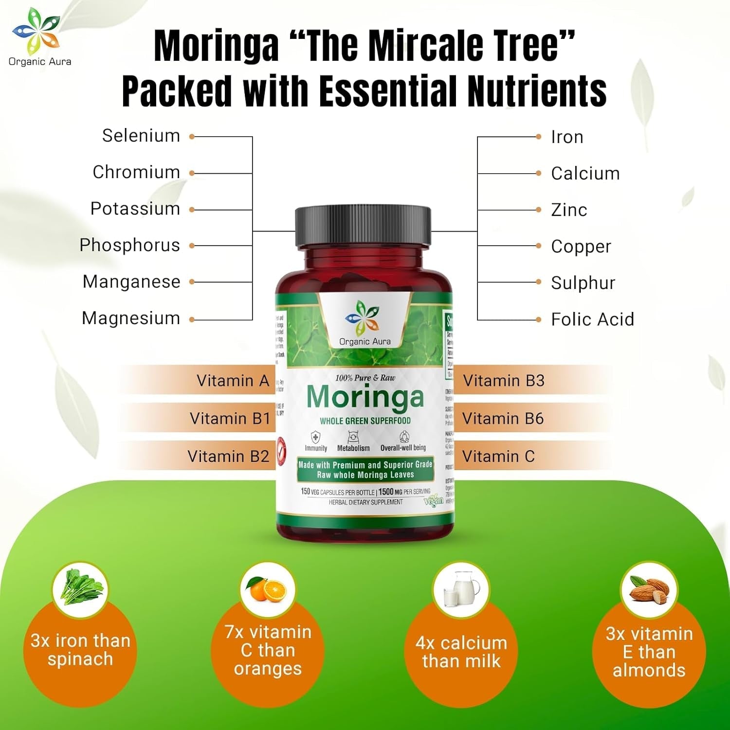 Organic Aura Moringa Leaf Capsules 1500Mg - Boosts Metabolism, Energy, Health, & Stamina