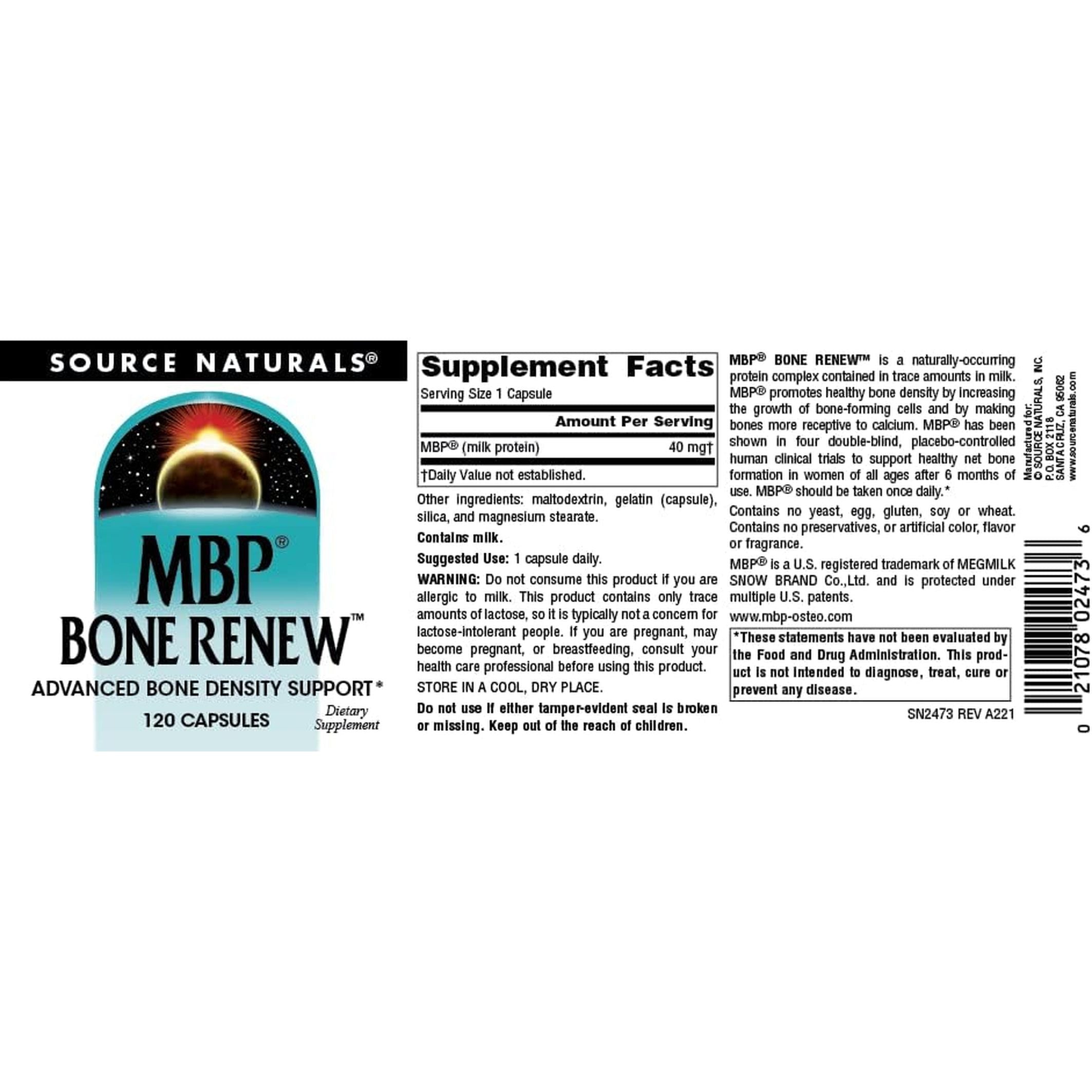 Source Naturals MBP Bone Renew - Milk Protein for Advanced Bone Density Support* - 120 Capsules