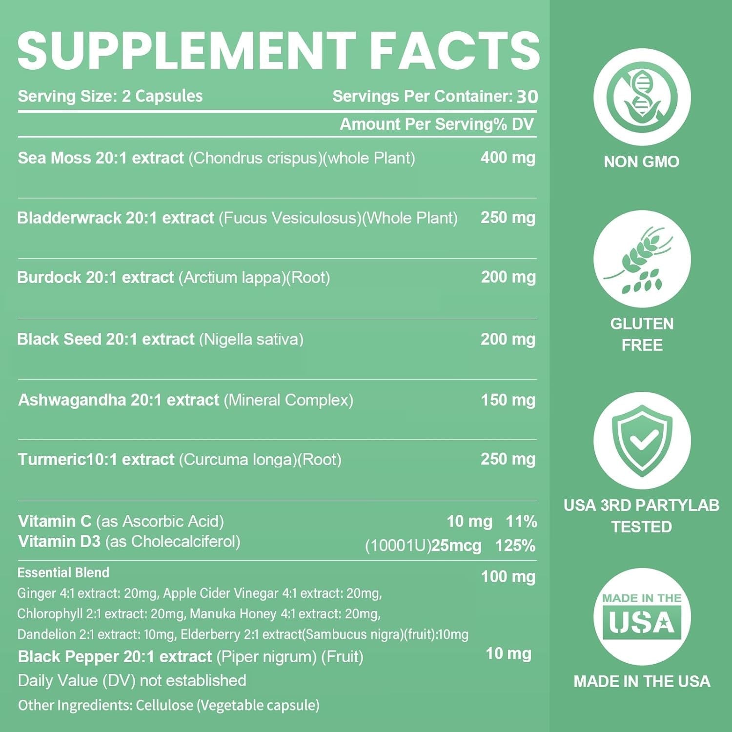 Sea Moss Black Seed Oil Ashwagandha Bladderwrack Burdock Root Turmeric - Multimineral Supplement - 60 Count