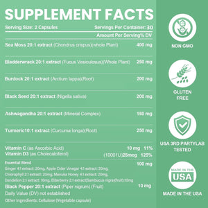 Sea Moss Black Seed Oil Ashwagandha Bladderwrack Burdock Root Turmeric - Multimineral Supplement - 60 Count