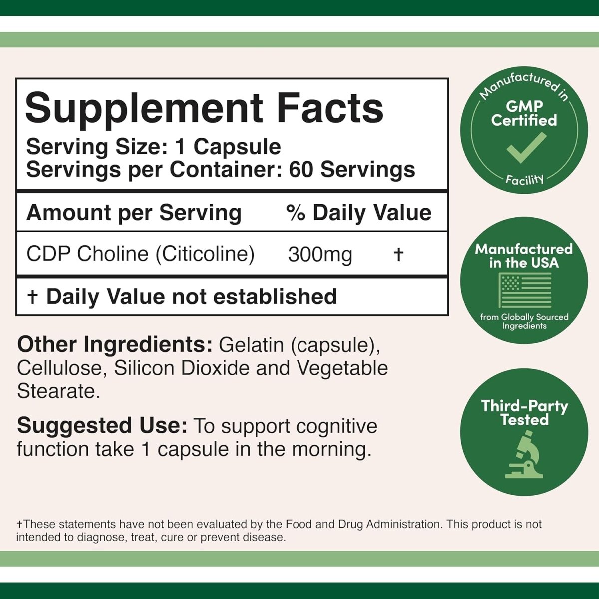 CDP Choline (Citicoline) Supplement, Pharmaceutical Grade, Third Party Tested (60 Capsules 300Mg) - Suppviv