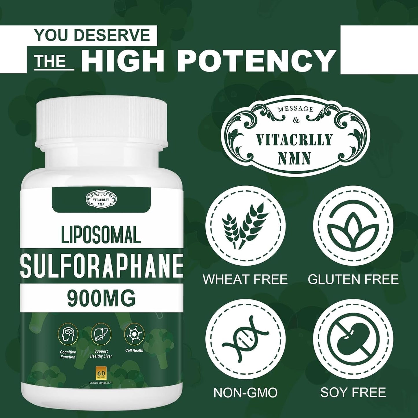900MG Liposomal Sulforaphane Supplement Broccoli Extract, Liver Supplement for Antioxidant, Digestion, Cellular Health 60 Capsules