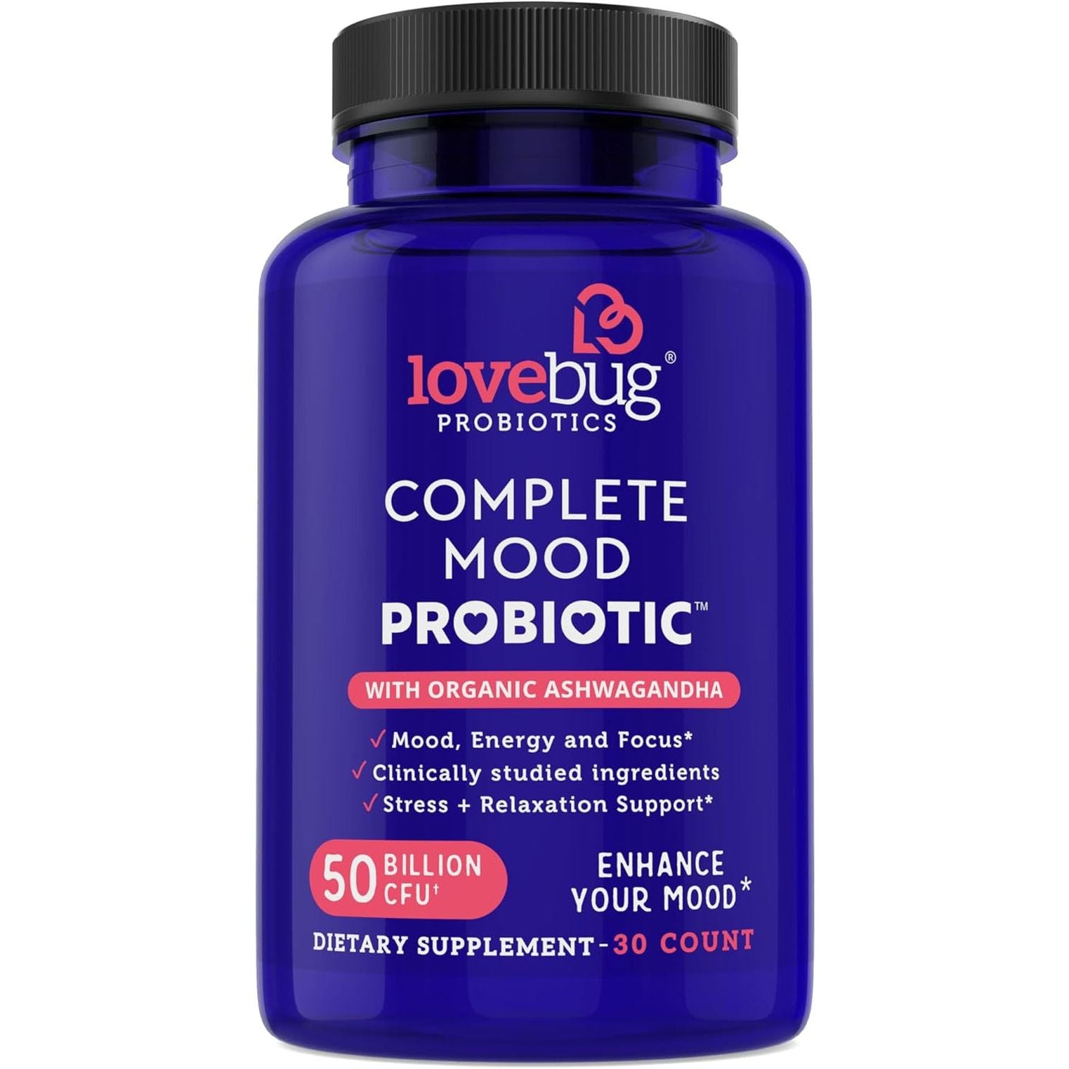 Lovebug Complete | 10 Clinically Studied Probiotic Strains & Patented Organic Ashwagandha for Cortisol and Serotonin Support 30 Count
