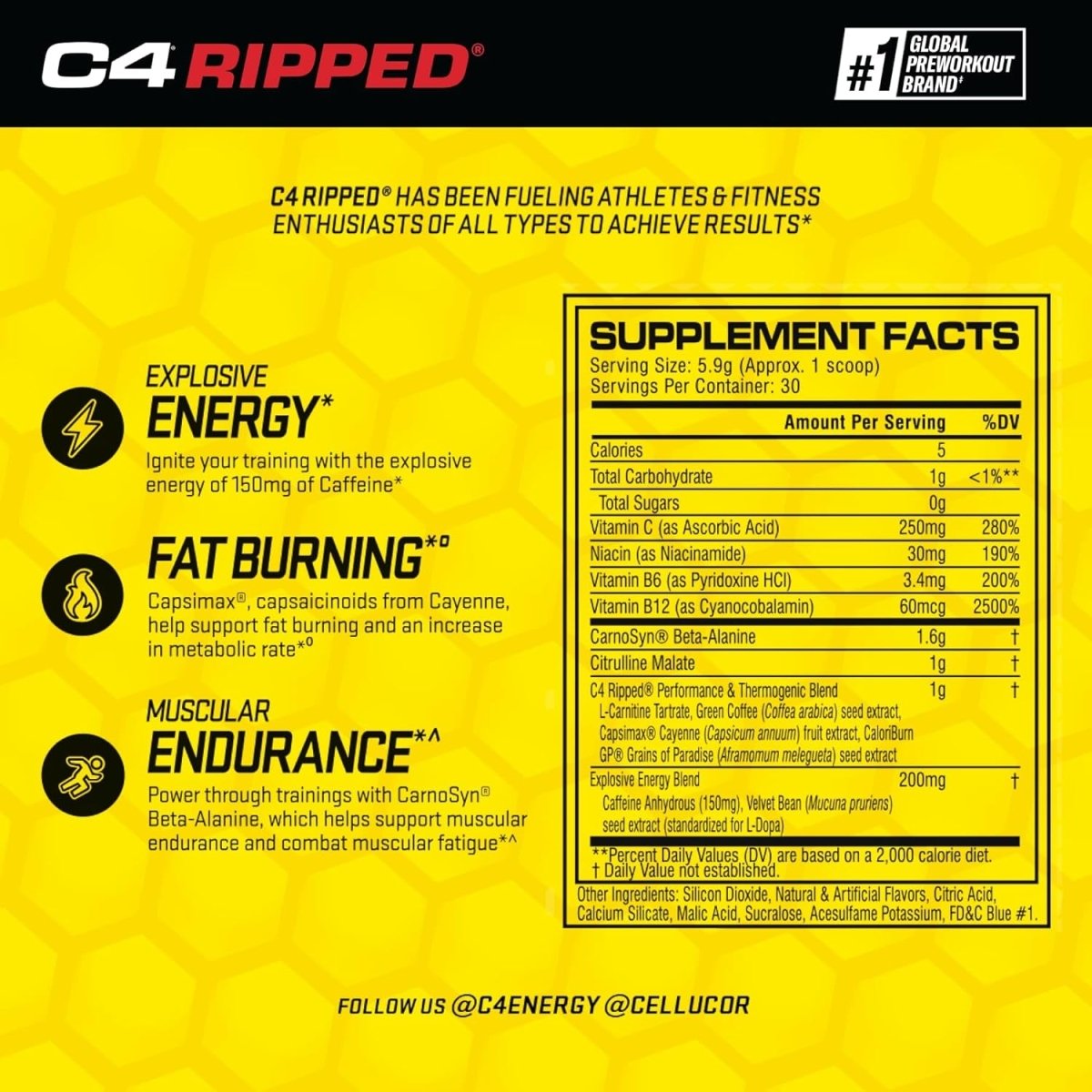 Cellucor C4 Ripped Pre Workout Powder for Energy, Beta Alanine, Sugar Free 150Mg Caffeine - ICY Blue Razz - 30 Servings - Suppviv