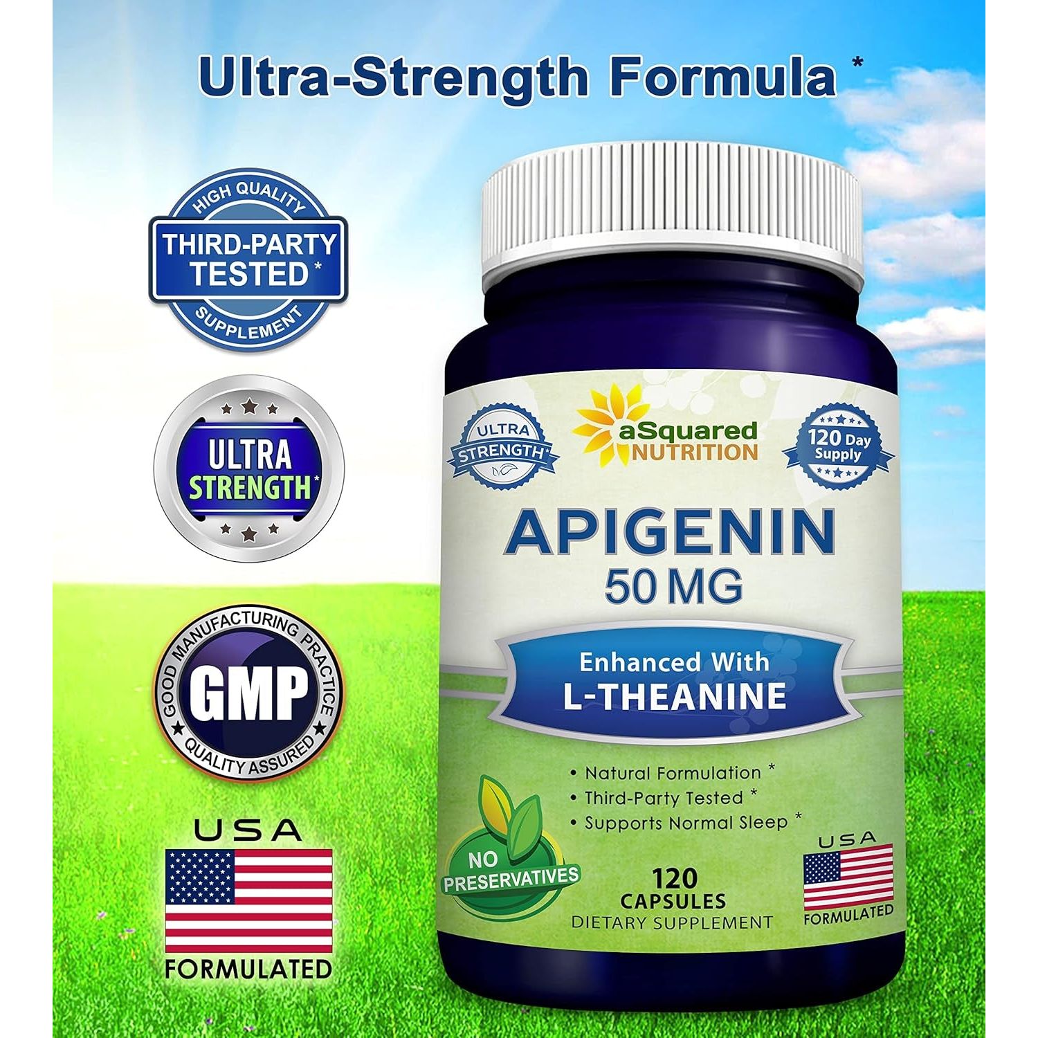 Asquared Nutrition Apigenin 50Mg & L-Theanine 200Mg - 120 Capsules