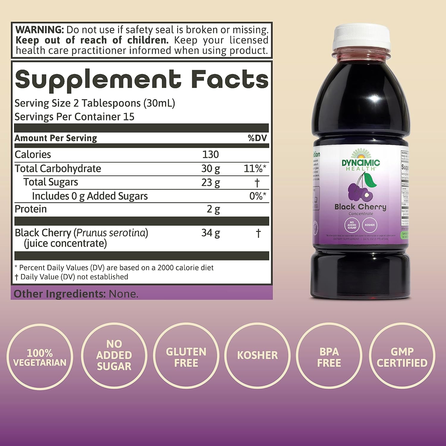 Dynamic Health 100% Pure Black Cherry Juice Concentrate, Antioxidant Supplement, Urinary Tract & Joint Support, 16 Fl Oz