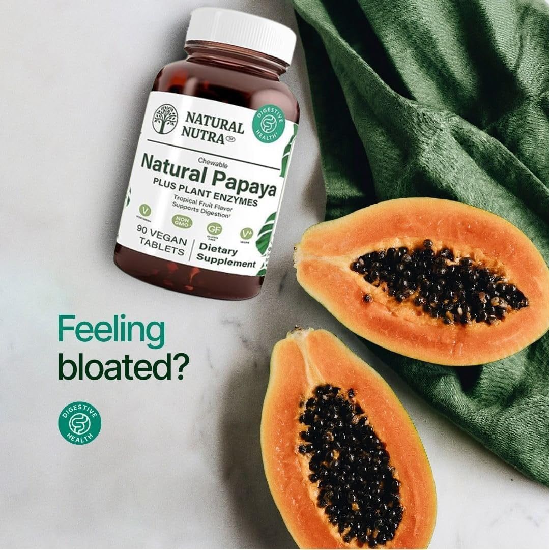 Natural Nutra Papaya Chewable Enzymes for Digestion and Body Cleanse - 90 Vegan Tablets