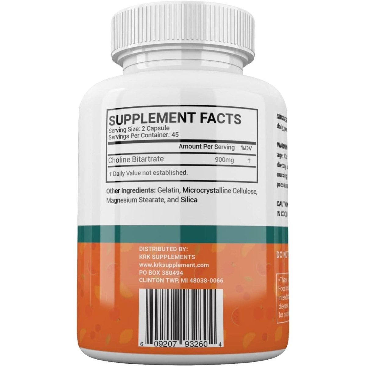 Choline Bitartrate 900Mg per Serving 90 Capsules KRK SUPPLEMENTS - Suppviv