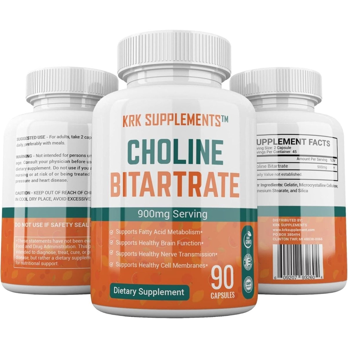 Choline Bitartrate 900Mg per Serving 90 Capsules KRK SUPPLEMENTS - Suppviv