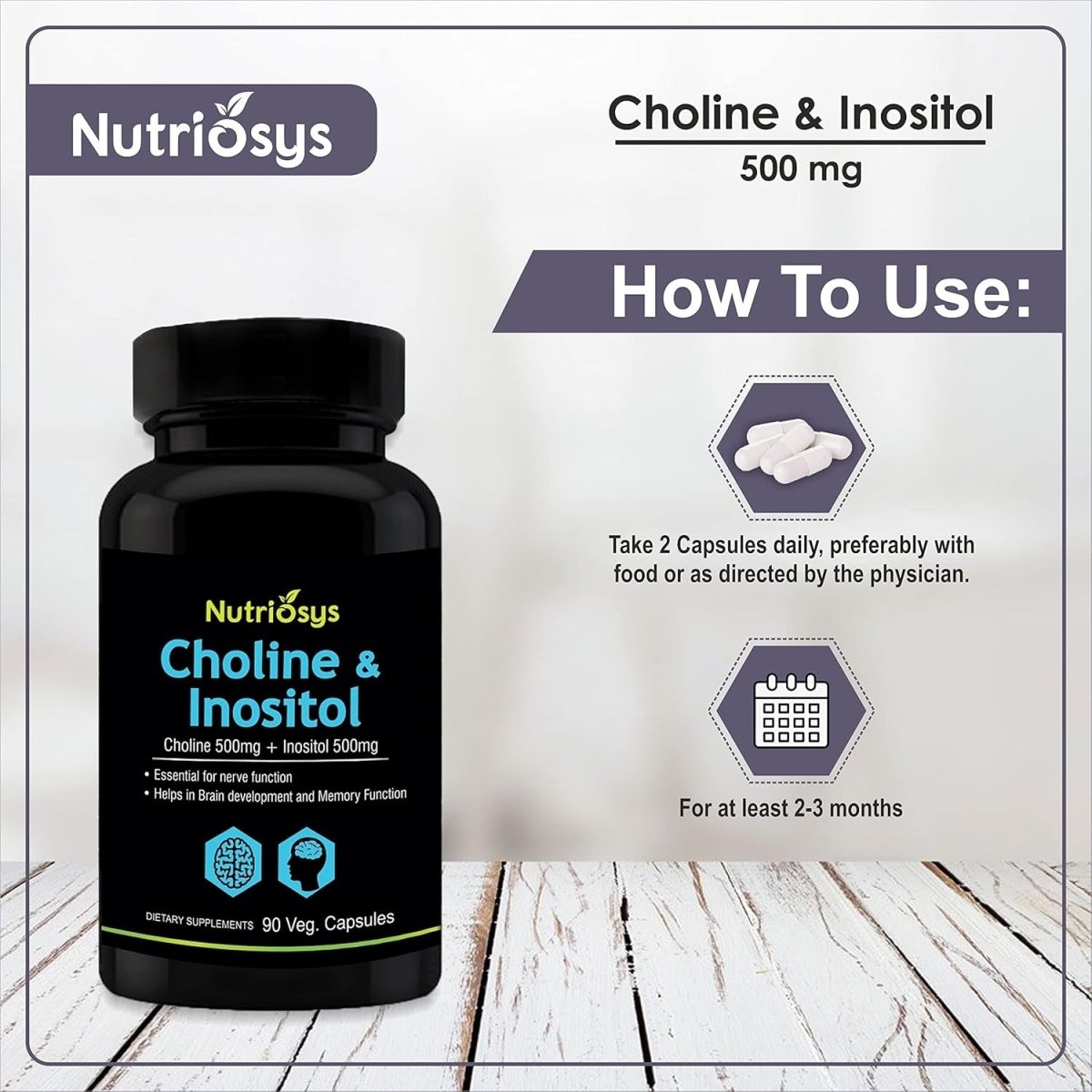 Choline & Inositol 1000Mg Serving (Choline 500Mg + Inositol 500Mg), 90 Veg Capsules - Suppviv