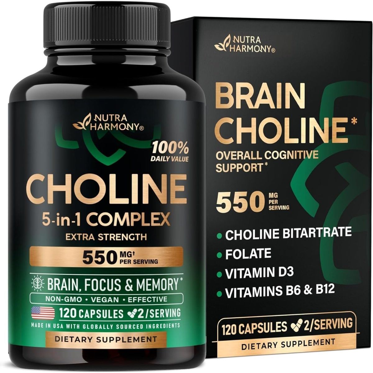 Choline Supplement 550Mg - Choline Bitartrate - Brain & Nervous System Support, Safe for Pregnancy - 120 Capsules - Suppviv