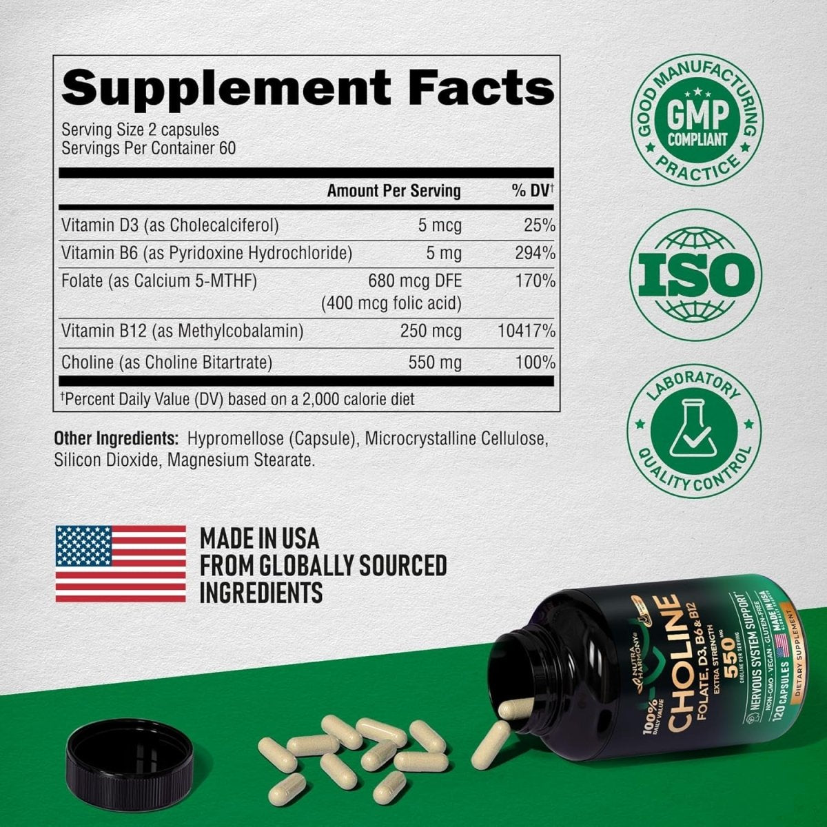 Choline Supplement 550Mg - Choline Bitartrate - Brain & Nervous System Support, Safe for Pregnancy - 120 Capsules - Suppviv