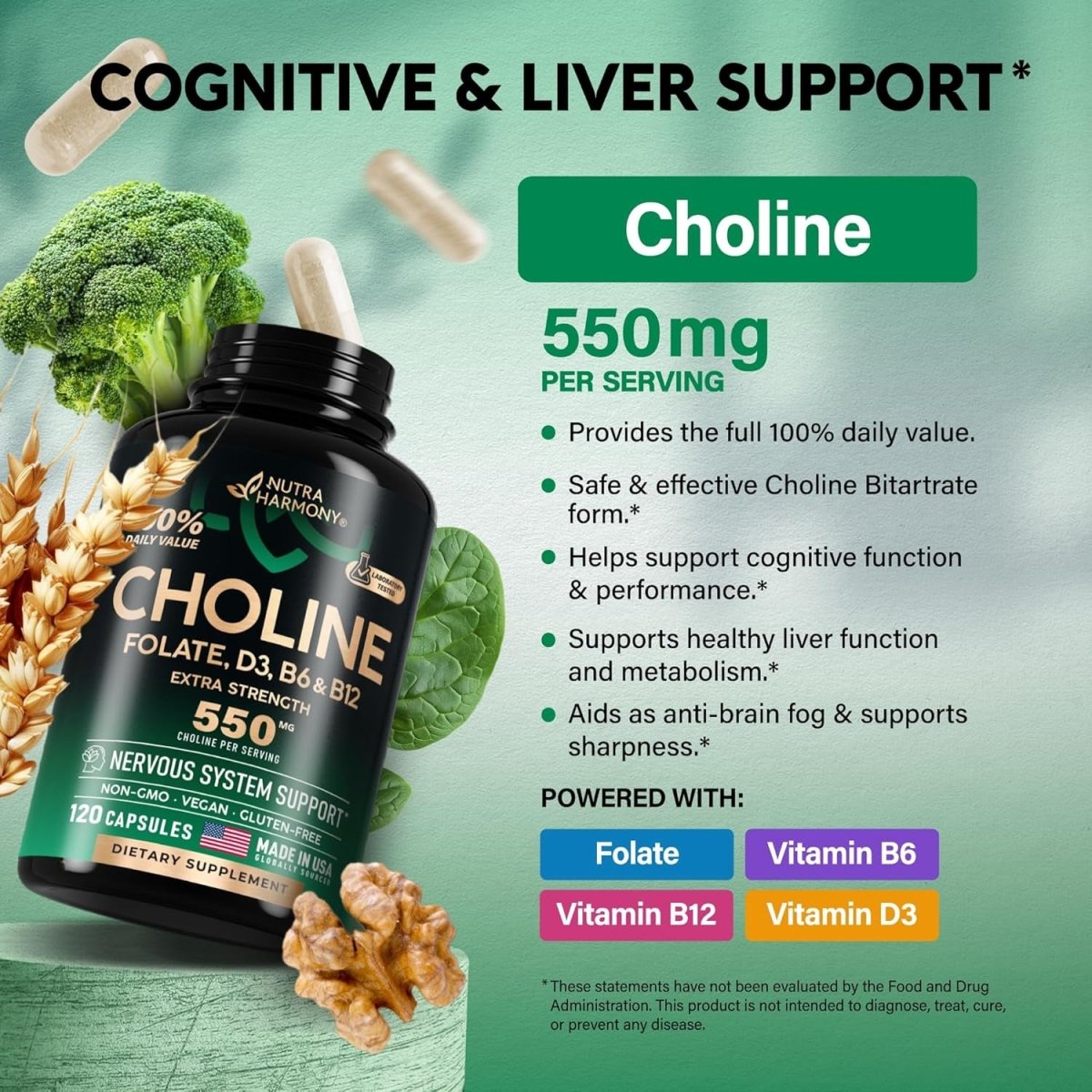 Choline Supplement 550Mg - Choline Bitartrate - Brain & Nervous System Support, Safe for Pregnancy - 120 Capsules - Suppviv