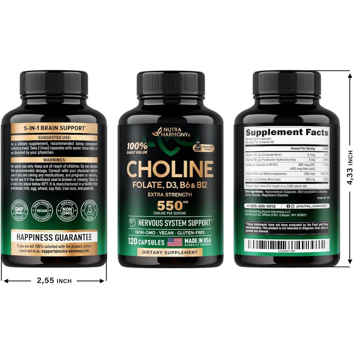 Choline Supplement 550Mg - Choline Bitartrate - Brain & Nervous System Support, Safe for Pregnancy - 120 Capsules - Suppviv