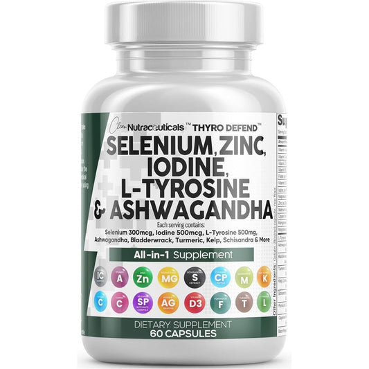Clean Nutraceuticals Selenium 300Mcg Zinc 50Mg Iodine 500Mcg L Tyrosine 500Mg 60 Capsules - Suppviv