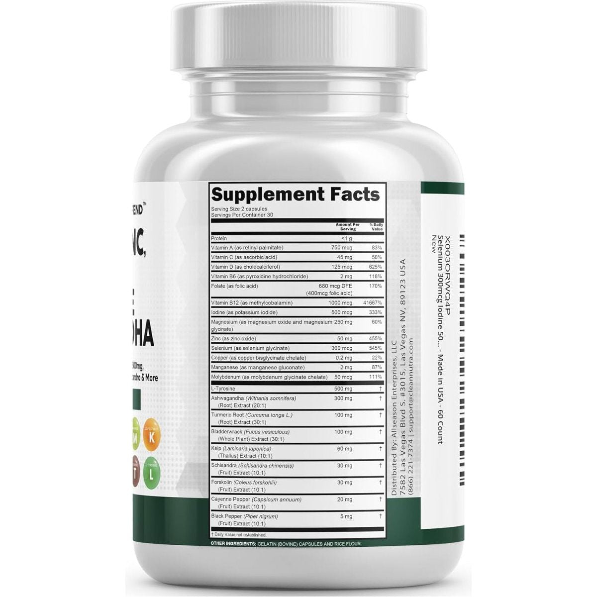 Clean Nutraceuticals Selenium 300Mcg Zinc 50Mg Iodine 500Mcg L Tyrosine 500Mg 60 Capsules - Suppviv