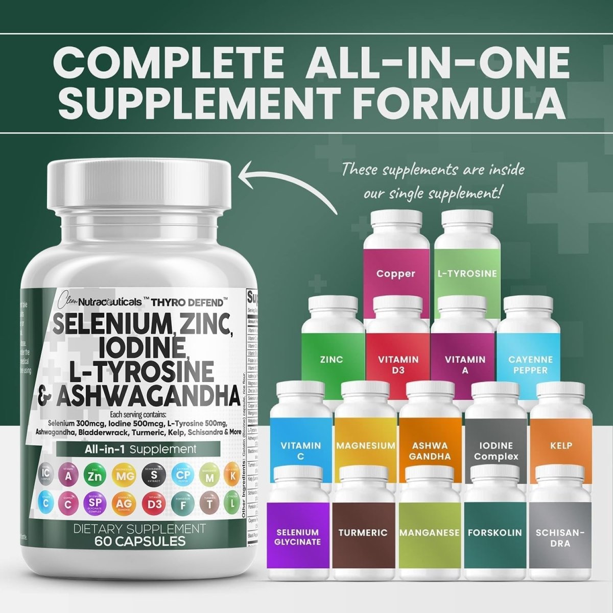 Clean Nutraceuticals Selenium 300Mcg Zinc 50Mg Iodine 500Mcg L Tyrosine 500Mg 60 Capsules - Suppviv