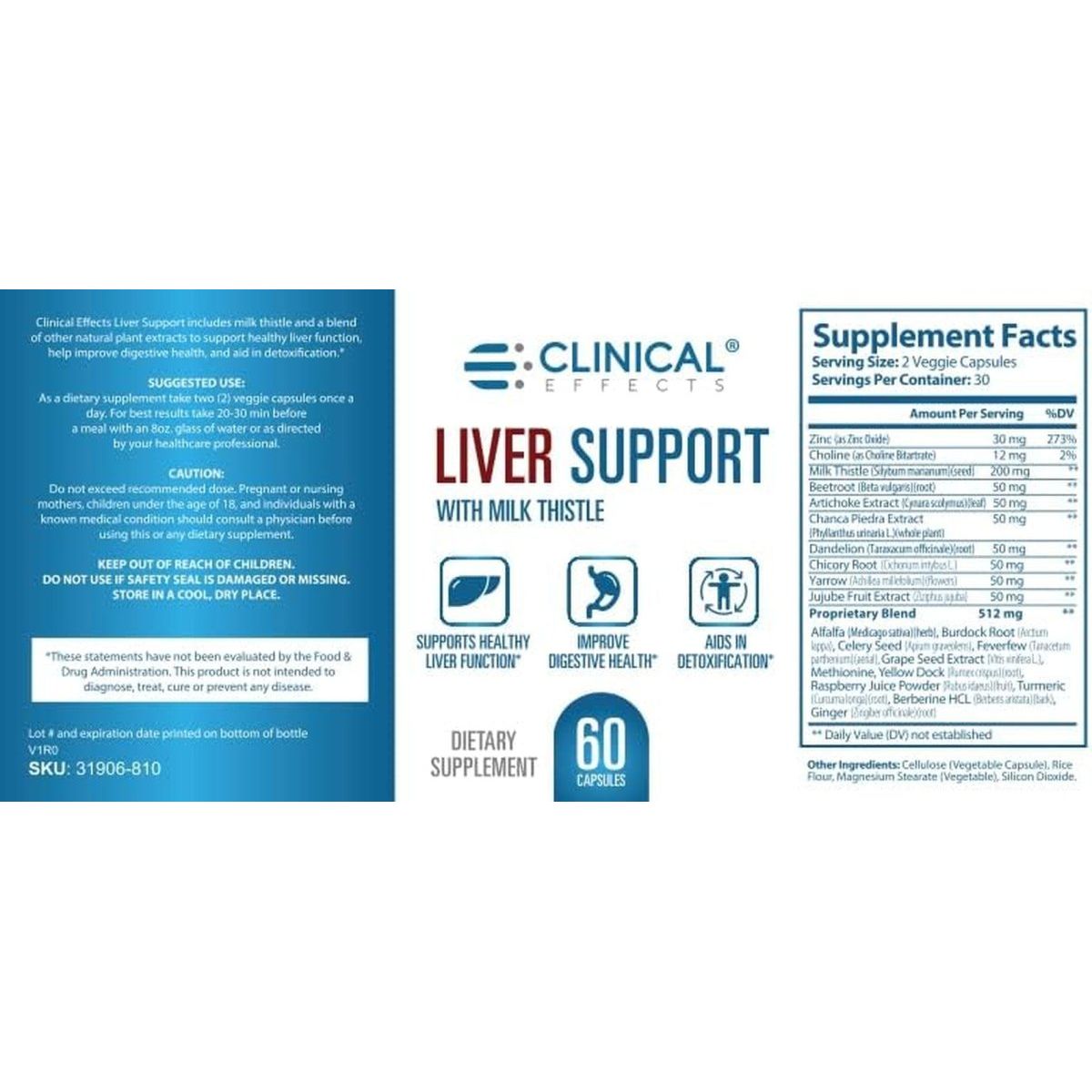 Clinical Effects: Liver Support - Natural Milk Thistle and Zinc Supplement - 60 Veggie Capsules - Suppviv
