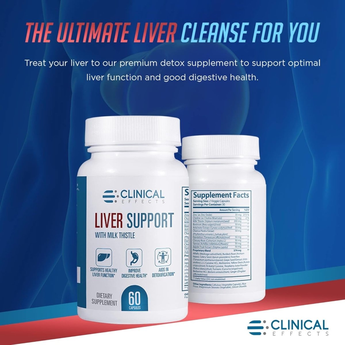 Clinical Effects: Liver Support - Natural Milk Thistle and Zinc Supplement - 60 Veggie Capsules - Suppviv