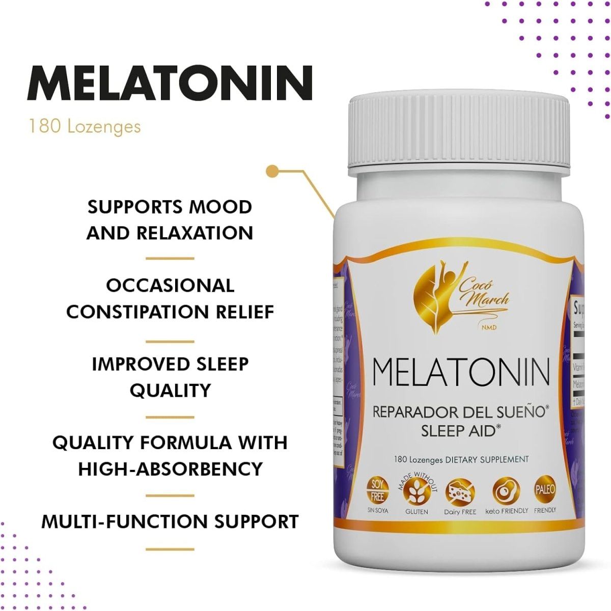 Coco March Chewable Melatonin 3 Mg - Natural Sleep Aid 180 Lozenges - Suppviv