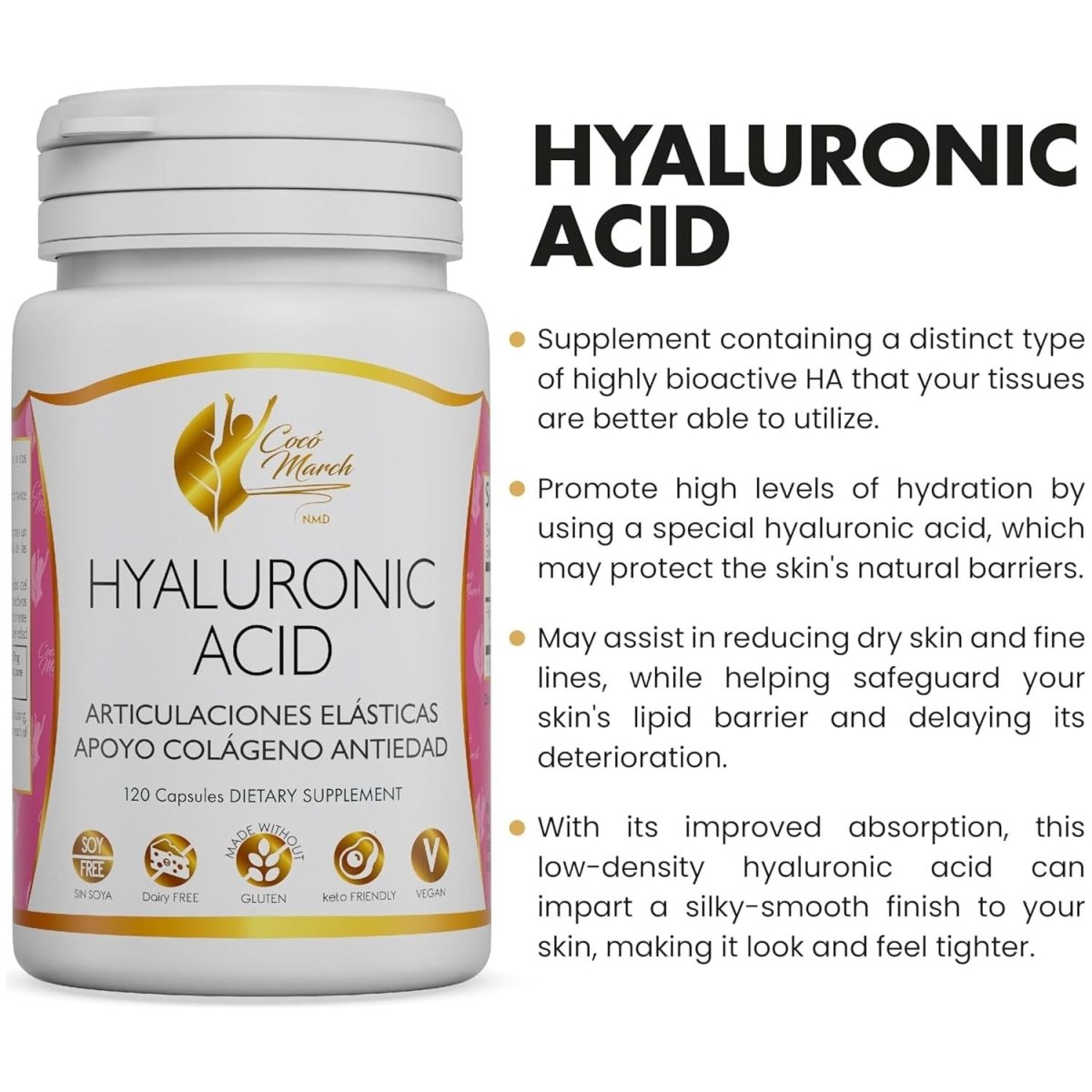 Coco March Hyaluronic Acid Low Molecular Weight for Collagen Production, Joint, Skin and Cell Health 120 Servings - Suppviv