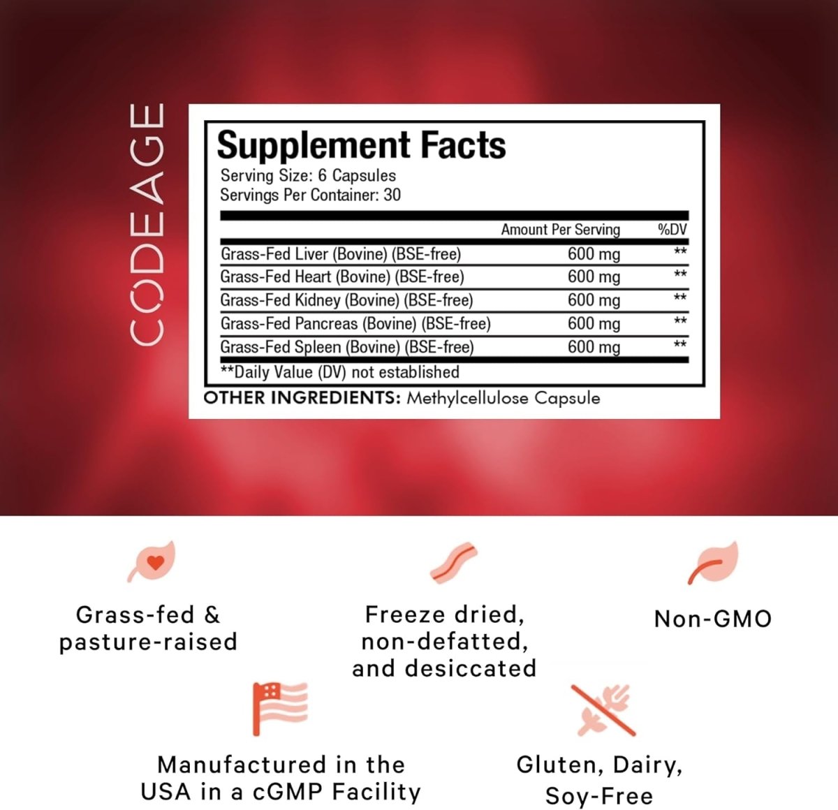 Codeage Grass Fed Beef Organs Supplement – Glandulars Supplements - 180 Capsules - Suppviv