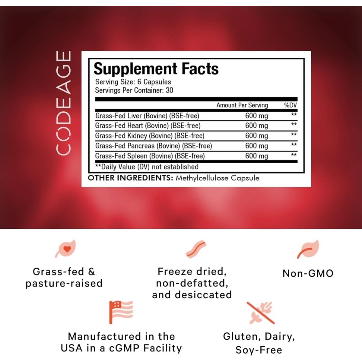 Codeage Grass Fed Beef Organs Supplement – Glandulars Supplements - 180 Capsules - Suppviv