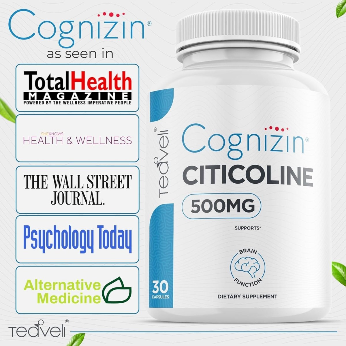 Cognizin Citicoline - 500Mg CDP Choline Capsules - Brain Supplement to Support Clarity, Concentration and Memory 30 Servings - Suppviv