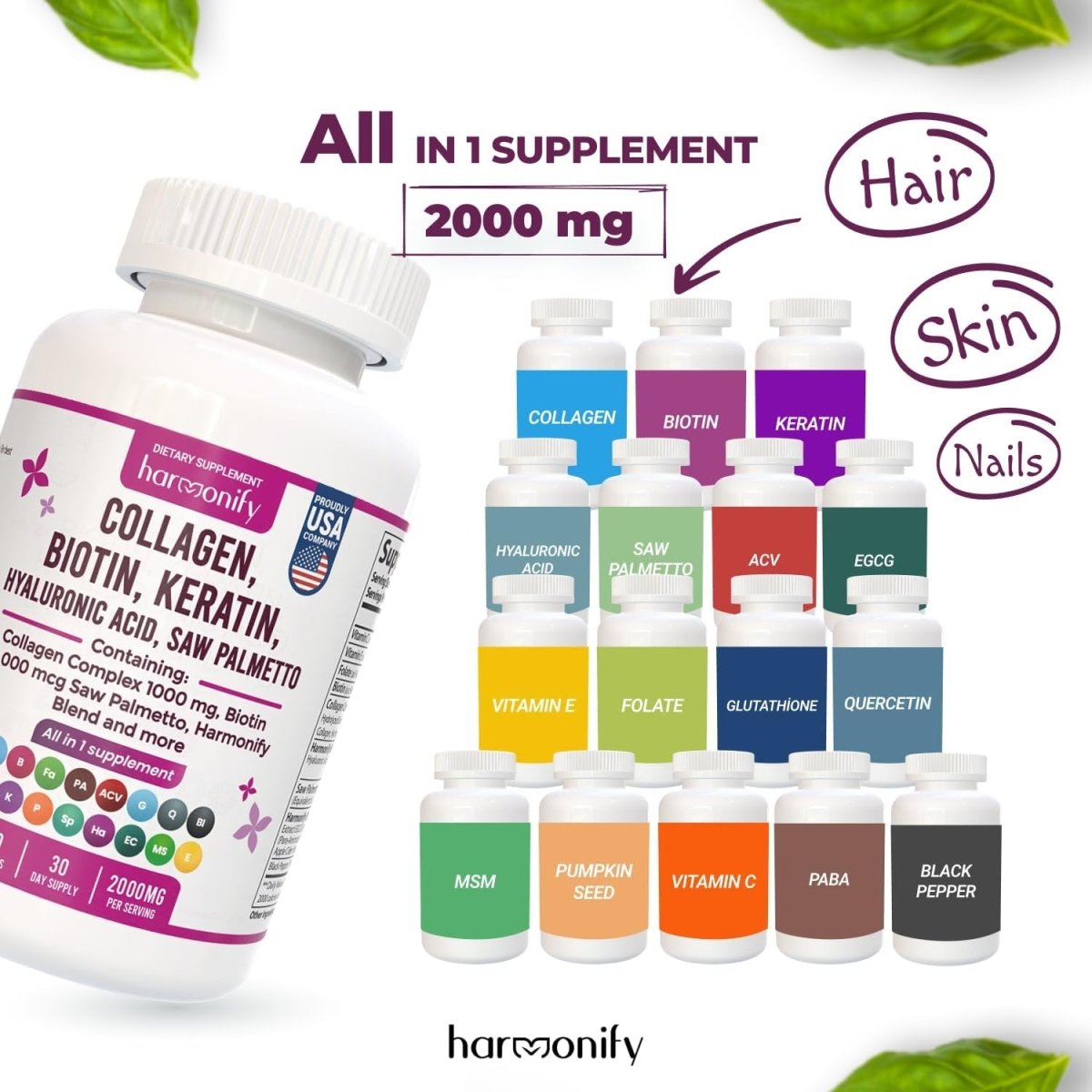 Collagen Biotin Keratin Saw Palmetto Hyaluronic Acid Complex Supplement 16 in 1 Capsules, 1000 Mg - Suppviv