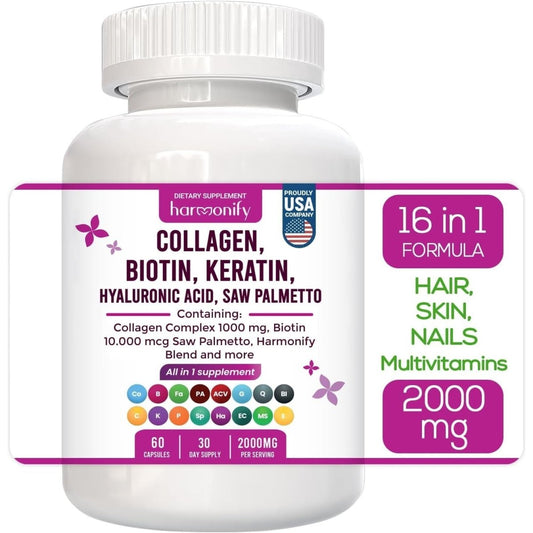 Collagen Biotin Keratin Saw Palmetto Hyaluronic Acid Complex Supplement 16 in 1 Capsules, 1000 Mg - Suppviv