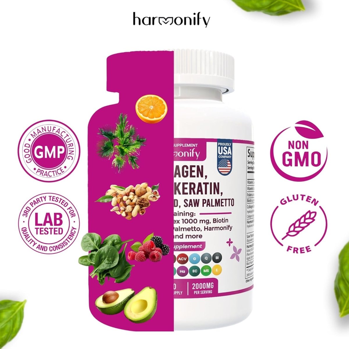 Collagen Biotin Keratin Saw Palmetto Hyaluronic Acid Complex Supplement 16 in 1 Capsules, 1000 Mg - Suppviv