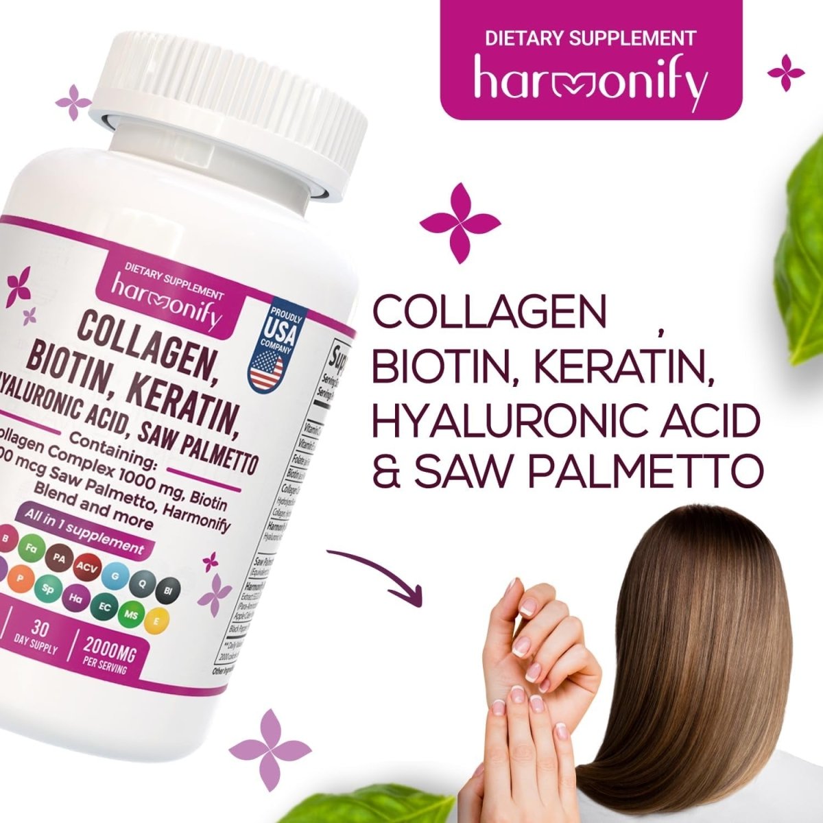 Collagen Biotin Keratin Saw Palmetto Hyaluronic Acid Complex Supplement 16 in 1 Capsules, 1000 Mg - Suppviv