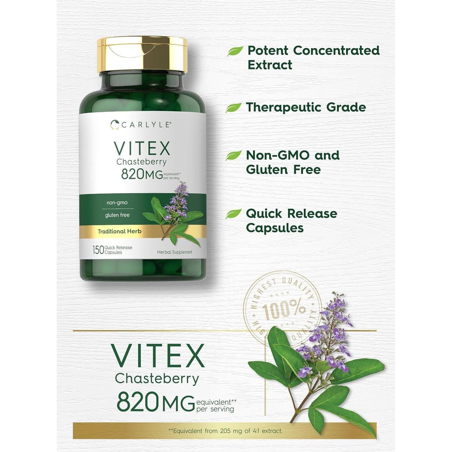 Carlyle Vitex Chasteberry Supplement | 820Mg | 150 Capsules | Vitex Agnus-Castus Fruit for Women | Non-Gmo, Gluten Free