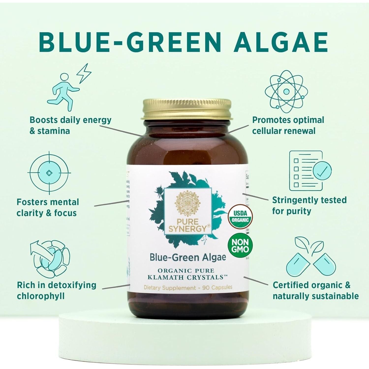 PURE SYNERGY Blue-Green Algae Capsules | Supports Energy, Mental Clarity, and Detoxification (90 Capsules)