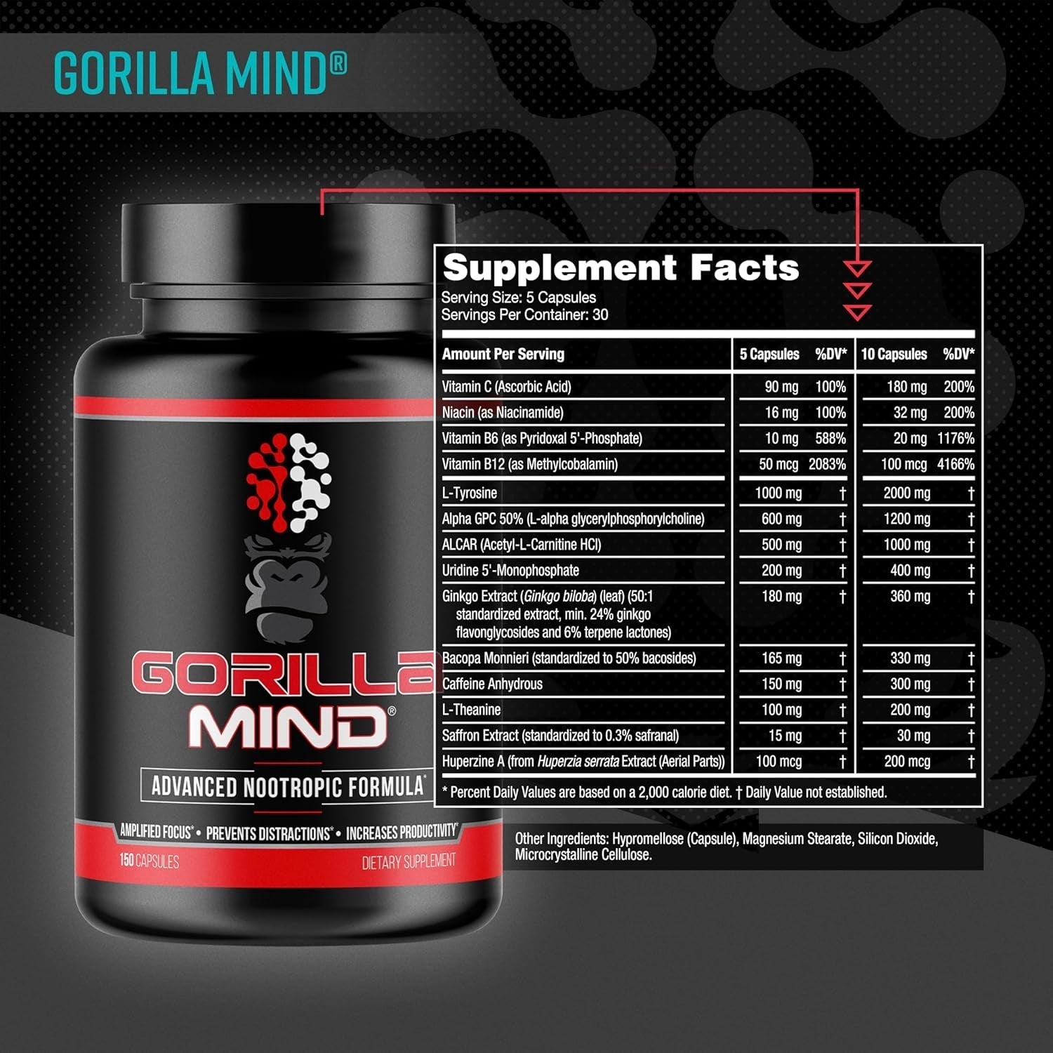 Gorilla Mind Nootropic Formula - Best Caffeinated Productivity Supplement (150 Capsules)