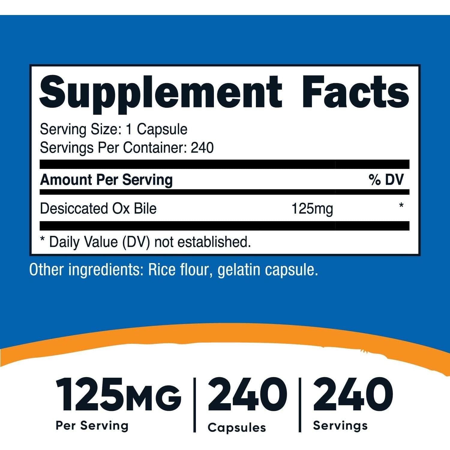 Nutricost Ox Bile Capsules 125Mg, 240 Capsules - Non-Gmo