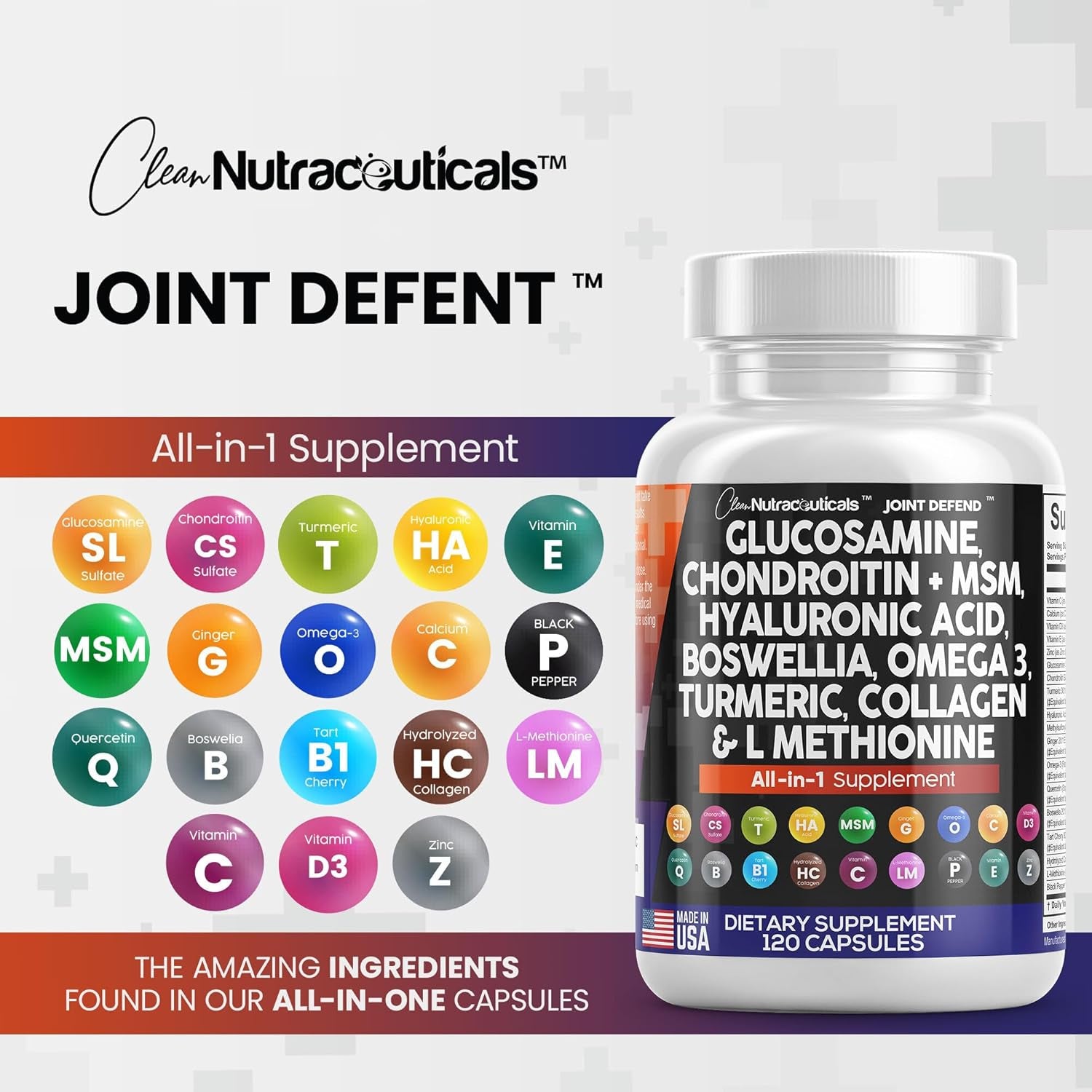 Clean Nutraceuticals Glucosamine Chondroitin MSM Turmeric Hyaluronic Acid Boswellia Collagen Tart Cherry -120 Count