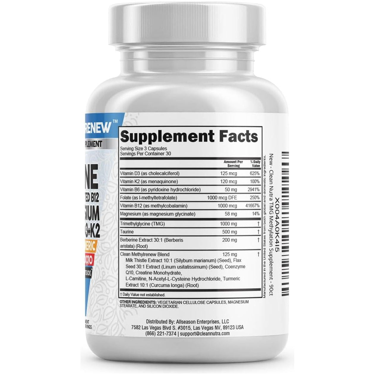 Clean Nutra Methylated Multivitamin for Women & Men TMG Taurine Supplement