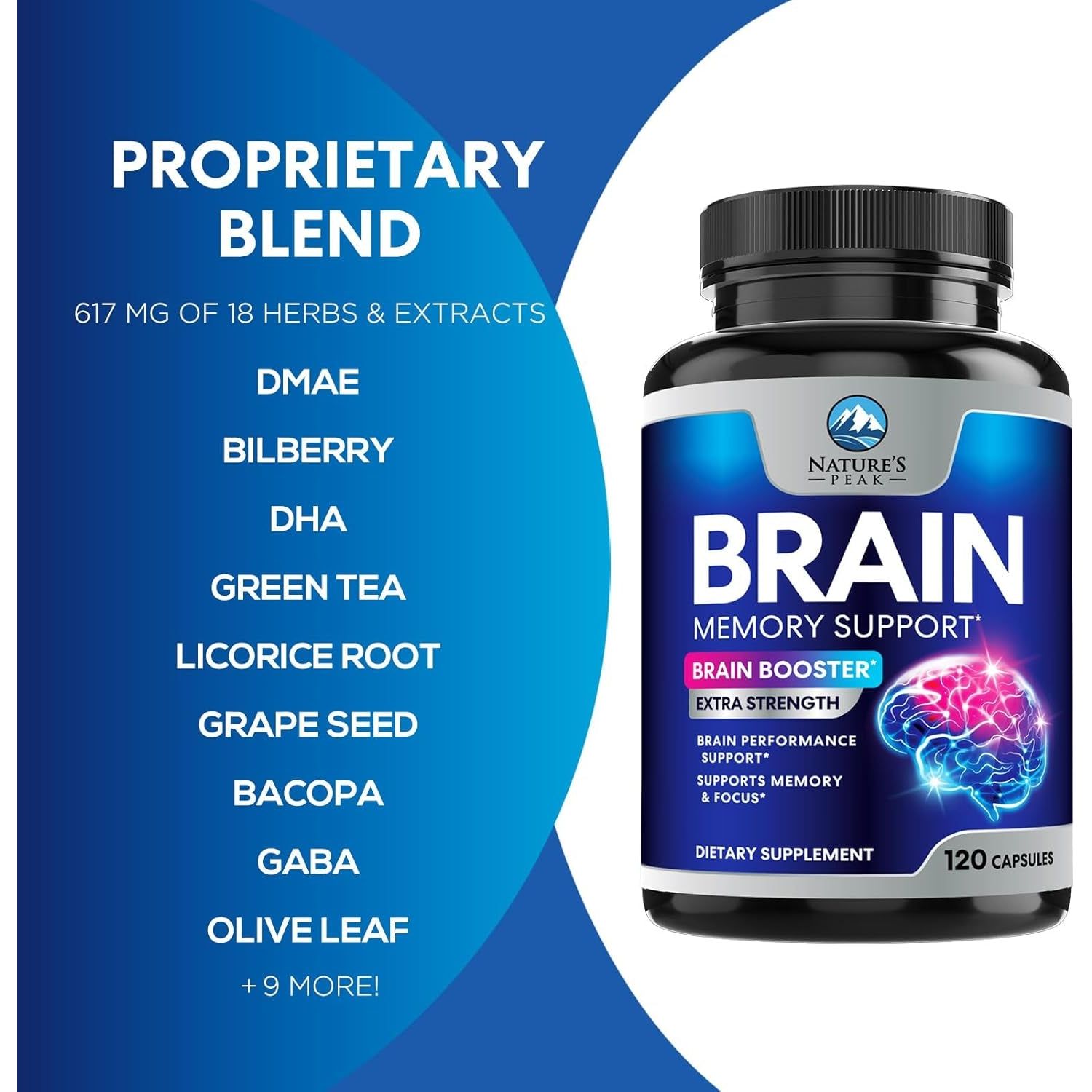 Brain Supplement Memory Pills - Nootropics Support for Concentration, Clarity, Energy & Focus 120 Capsules