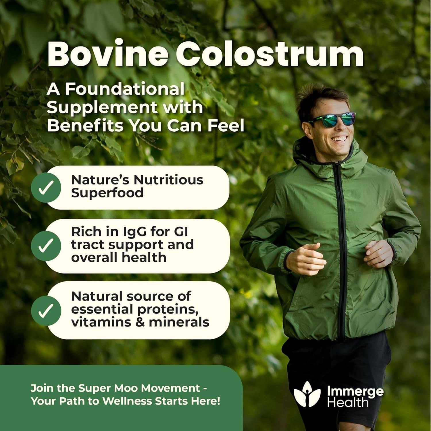 Super MOO Grass Fed Bovine Colostrum Powder for Bloating, Immune, Energy, Gut Health Hair, Skin and Nails 